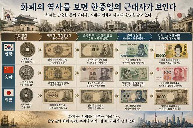 한국·중국·일본의 전통 화폐부터 현대 원화·위안화·엔화까지 근현대 화폐의 변화를 비교한 이미지