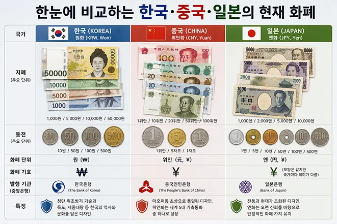 한국 원화, 중국 위안화, 일본 엔화의 지폐와 동전, 화폐 기호, 중앙은행을 비교한 이미지