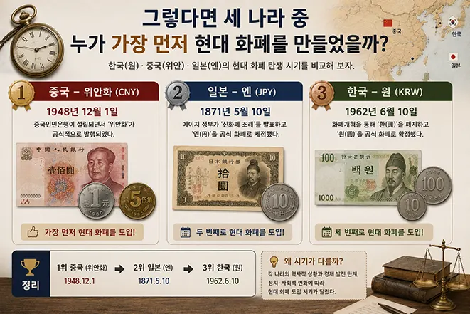 중국 위안, 일본 엔, 한국 원의 현대 화폐제도 도입 시기를 비교한 이미지
