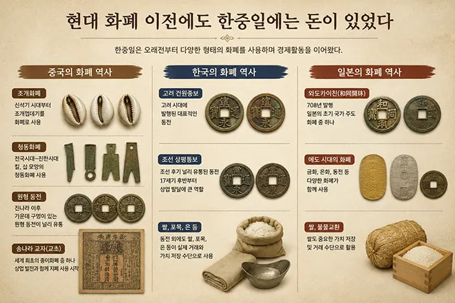 현대 화폐 이전 한국·중국·일본에서 사용된 전통 화폐와 교환 수단을 비교한 이미지