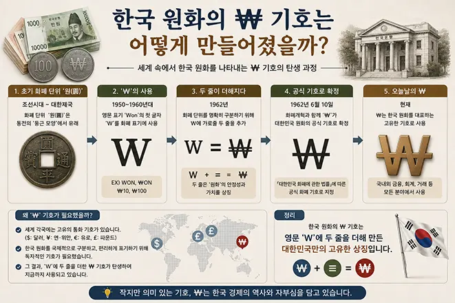 한국 원화의 ₩ 기호가 영문 Won의 W를 바탕으로 형성되어 현재의 화폐 기호로 정착한 과정을 설명하는 이미지