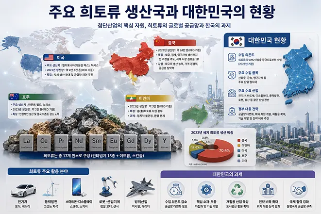 세계 주요 희토류 생산국과 대한민국의 희토류 현황, 공급망, 산업 활용 분야를 한눈에 정리한 인포그래픽