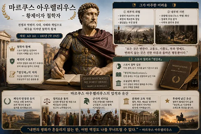 로마 오현제 마르쿠스 아우렐리우스의 모습과 전쟁, 역병, 스토아 철학, 명상록 및 주요 통치 업적을 설명한 이미지