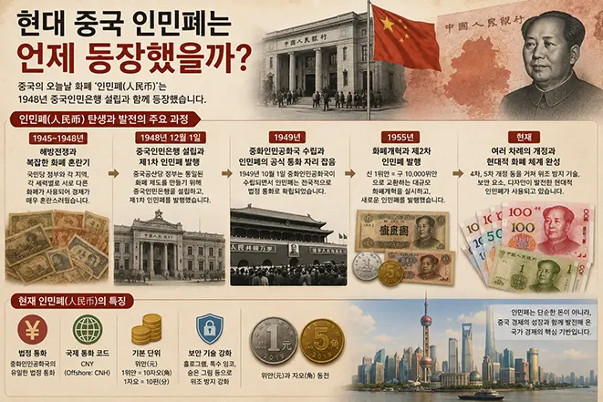 1948년 중국인민은행 설립과 인민폐 발행부터 현재까지 중국 인민폐의 역사를 설명하는 이미지