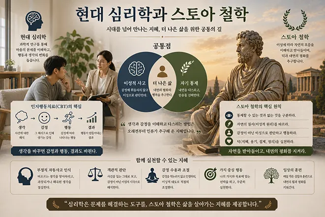 현대 심리 상담 장면과 고대 스토아 철학자를 비교하며 인지행동치료와 스토아 철학의 공통점을 설명하는 이미지