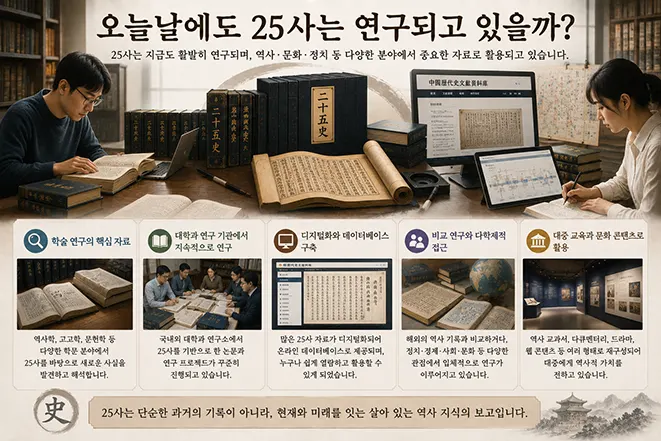 오늘날에도 25사가 대학과 연구기관에서 연구되고 디지털 자료로 활용되는 모습을 설명한 인포그래픽