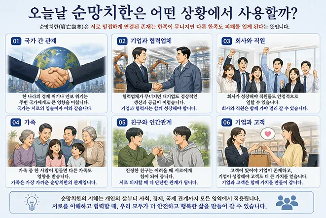 오늘날 순망치한이 사용되는 다양한 상황을 설명하는 인포그래픽으로 국가 기업 가족 친구 회사와 고객의 상호 의존 관계를 표현한 이미지