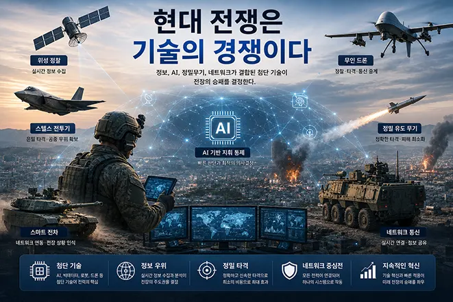 현대 전쟁에서 AI, 위성, 드론, 전투기, 스마트 전차, 정밀 유도무기, 네트워크 통신 등 첨단 기술이 전쟁의 승패를 결정하는 과정을 설명하는 교육용 인포그래픽 이미지