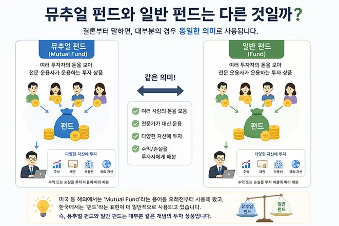 뮤추얼 펀드와 일반 펀드의 공통점과 차이점을 비교하며 대부분 같은 의미로 사용된다는 점을 설명하는 인포그래픽