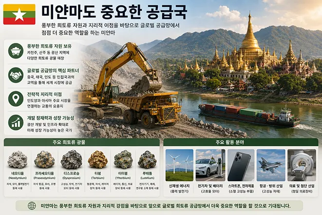 미얀마의 희토류 광산과 주요 산업 활용, 글로벌 공급망에서의 역할을 설명하는 인포그래픽