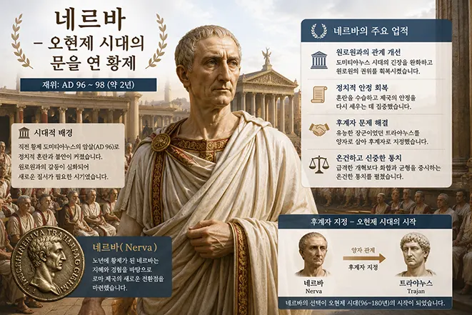 로마 오현제의 첫 번째 황제 네르바의 재위 기간과 정치 안정, 원로원 관계 개선, 트라야누스 후계자 지정을 설명한 이미지