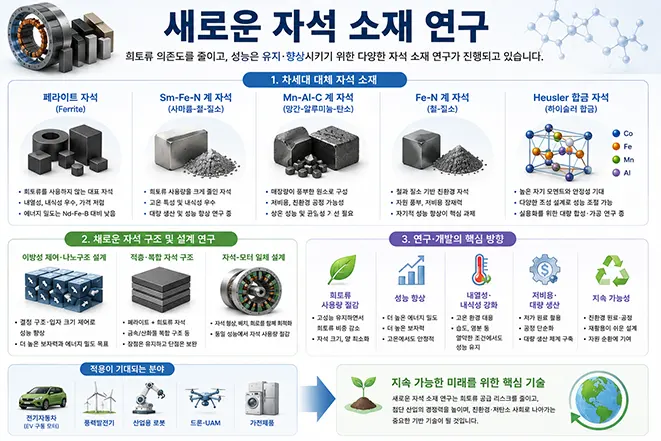 희토류 의존도를 줄이기 위한 페라이트, 사마륨철질소, 망간알루미늄탄소, 철질소, 하이스러 합금 등 차세대 자석 소재 연구를 설명하는 인포그래픽