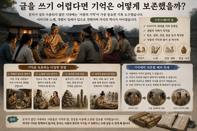 문자 사용이 제한적이었던 시대에 이야기와 노래, 기억, 표식, 의식과 풍습을 통해 지식과 경험을 후대에 전달하는 모습