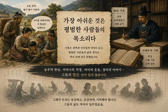옛 한국에서 왕과 지배층의 기록에 비해 농민과 가족 등 평범한 사람들의 삶과 목소리가 기록으로 남기 어려웠음을 표현한 이미지