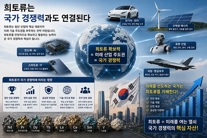 희토류가 전기자동차, 반도체, AI, 로봇, 신재생에너지, 국방 산업을 통해 국가 경쟁력과 미래 산업 주도권을 결정하는 과정을 설명하는 교육용 인포그래픽 이미지