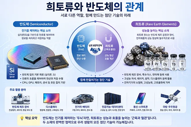 반도체와 희토류의 역할과 차이점을 비교하며 첨단 산업에서 두 소재가 서로 협력하는 관계를 설명하는 교육용 인포그래픽 이미지