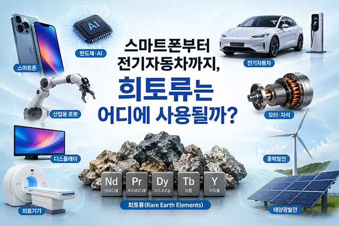 스마트폰부터 전기자동차까지 희토류가 스마트폰, AI 반도체, 산업용 로봇, 의료기기, 디스플레이, 풍력발전, 태양광 발전 등 다양한 첨단 산업에서 활용되는 모습을 설명하는 인포그래픽 이미지