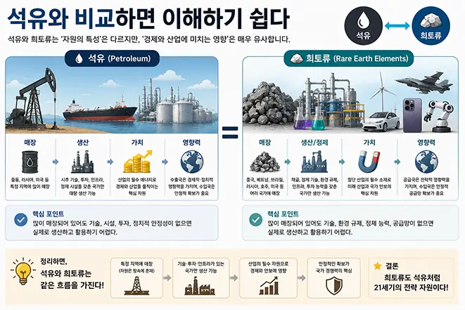 석유와 희토류를 비교하여 공통점과 차이점을 설명하는 교육용 인포그래픽으로 매장, 생산, 가치, 산업 영향력을 비교한 이미지