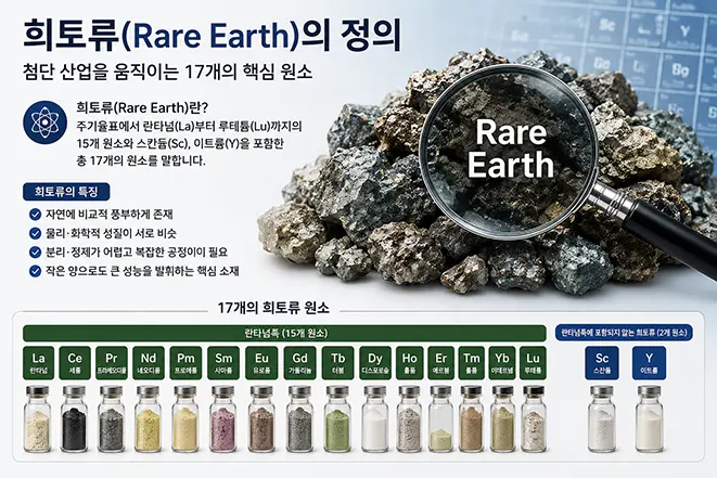 희토류(Rare Earth)의 정의와 17개 희토류 원소, 희토류의 특징을 설명하는 교육용 인포그래픽 이미지