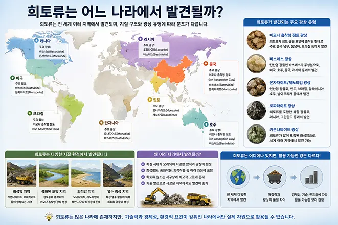 세계 여러 나라에서 발견되는 희토류 광산과 주요 광물 종류를 설명하는 세계 지도 인포그래픽 이미지
