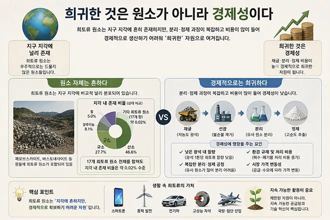 희토류(Rare Earth)가 희귀한 원소가 아니라 채굴과 분리·정제 비용 때문에 경제적으로 희소한 자원이라는 점을 설명하는 인포그래픽 이미지