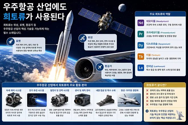 희토류가 로켓, 인공위성, 항공기 엔진, 센서, 발전기 등 우주항공 산업의 핵심 부품에 사용되는 원리를 설명하는 교육용 인포그래픽 이미지