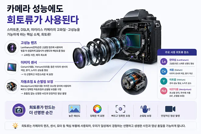 희토류가 카메라 렌즈, 이미지 센서, 자동초점 모터, 손떨림 보정 기능 등에 사용되어 카메라 성능을 향상시키는 원리를 설명하는 교육용 인포그래픽 이미지