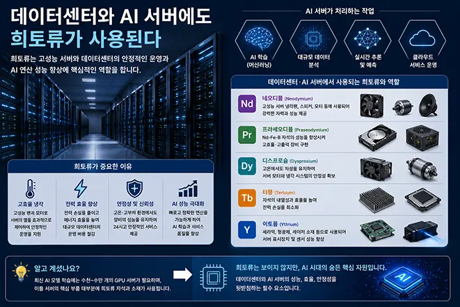 희토류가 데이터센터와 AI 서버의 냉각 시스템, 모터, 저장장치, 전원 장치 등의 성능과 에너지 효율을 향상시키는 원리를 설명하는 교육용 인포그래픽 이미지
