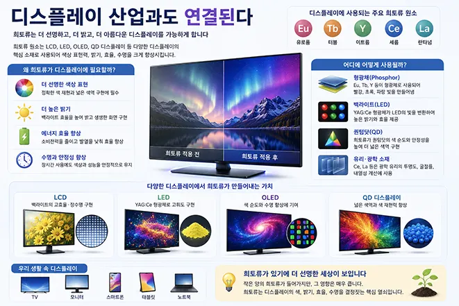 희토류가 LCD, LED, OLED, QD 디스플레이의 색상과 밝기, 에너지 효율을 향상시키는 원리를 설명하는 교육용 인포그래픽 이미지