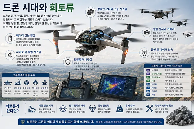 희토류가 드론의 모터, 배터리, 자이로 센서, 카메라, 통신 시스템 등에 사용되는 원리를 설명하는 교육용 인포그래픽 이미지