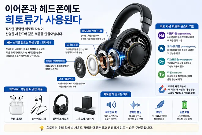 희토류가 이어폰과 헤드폰의 드라이버, 네오디뮴 자석, 보이스 코일 등에 사용되어 선명한 음질과 강력한 저음을 구현하는 원리를 설명하는 교육용 인포그래픽 이미지