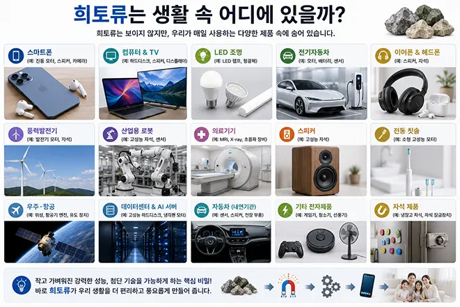 희토류가 스마트폰, 전기자동차, 컴퓨터, LED 조명, 의료기기, 드론, AI 서버 등 일상 속 다양한 제품에 사용되는 모습을 설명하는 교육용 인포그래픽 이미지