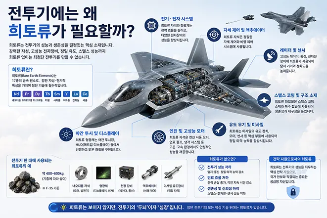 희토류가 전투기의 엔진, 레이더, 스텔스 시스템, 유도무기, 액추에이터, 디스플레이 등에 사용되는 원리를 설명하는 교육용 인포그래픽 이미지