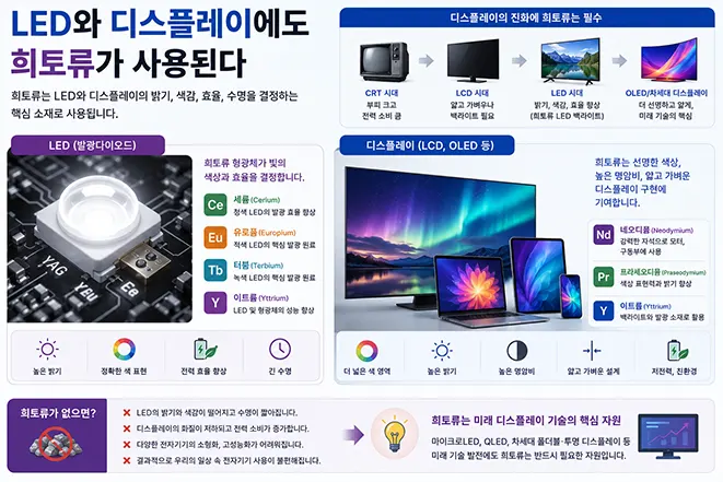 희토류가 LED와 LCD, OLED 디스플레이의 밝기, 색 표현, 명암비, 전력 효율을 향상시키는 원리를 설명하는 교육용 인포그래픽 이미지