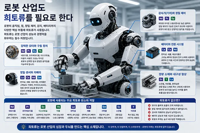 희토류가 로봇의 모터, 감속기, 정밀 센서, 카메라, 배터리, 구동 장치 등에 사용되는 원리를 설명하는 교육용 인포그래픽 이미지