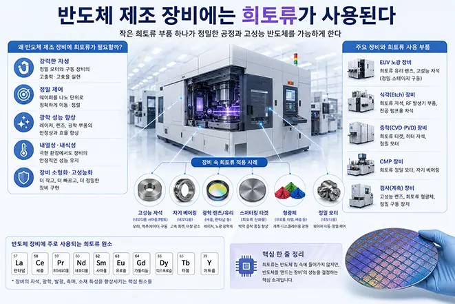 반도체 제조 장비에서 희토류가 사용되는 부품과 역할을 설명하는 교육용 인포그래픽 이미지
