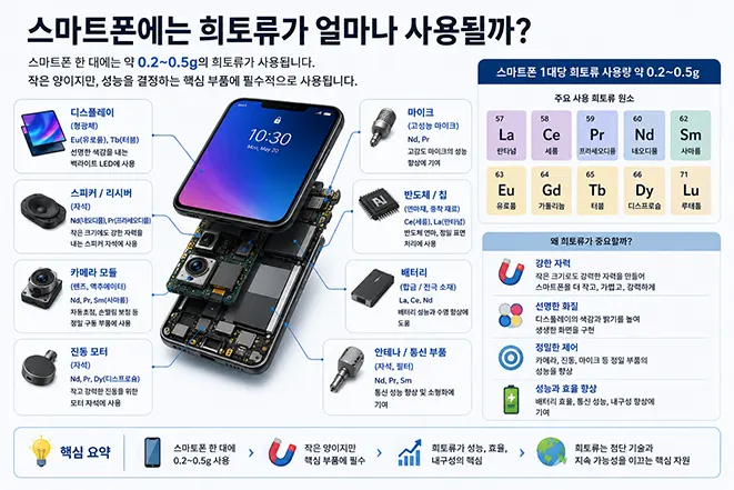 스마트폰 한 대에 사용되는 희토류의 양과 디스플레이, 카메라, 스피커, 배터리, 진동 모터 등 주요 부품에서의 활용을 설명하는 교육용 인포그래픽 이미지