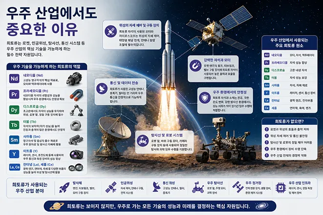 희토류가 로켓, 인공위성, 우주 탐사선, 우주 통신, 탐사 장비 등에 사용되는 원리를 설명하는 교육용 인포그래픽 이미지