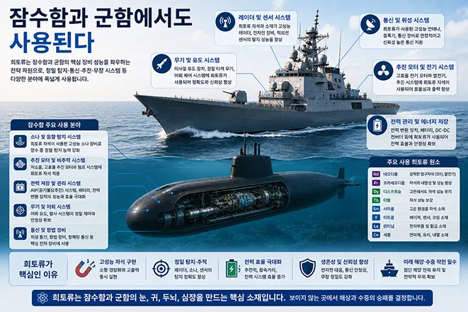 희토류가 잠수함과 군함의 소나, 레이더, 추진 시스템, 통신 장비, 전자전 시스템 등에 사용되는 원리를 설명하는 교육용 인포그래픽 이미지
