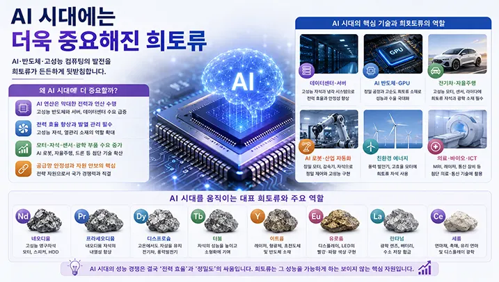 AI 시대에 희토류가 반도체, GPU, 데이터센터, 전기자동차 등 첨단 산업에서 수행하는 핵심 역할을 설명하는 교육용 인포그래픽 이미지