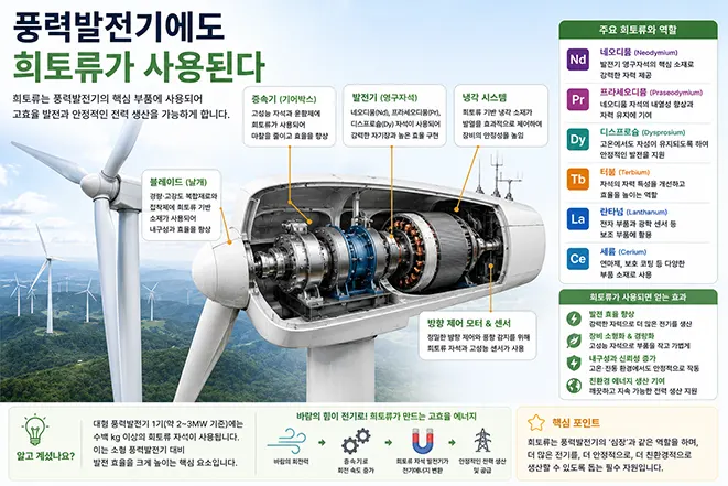 희토류가 풍력발전기의 발전기, 영구자석, 기어박스, 냉각 시스템 등에 사용되어 발전 효율과 내구성을 높이는 원리를 설명하는 교육용 인포그래픽 이미지