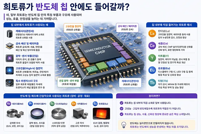 희토류가 반도체 칩 내부의 절연막, 배선, 센서와 반도체 제조 공정에 사용되는 원리를 설명하는 교육용 인포그래픽 이미지