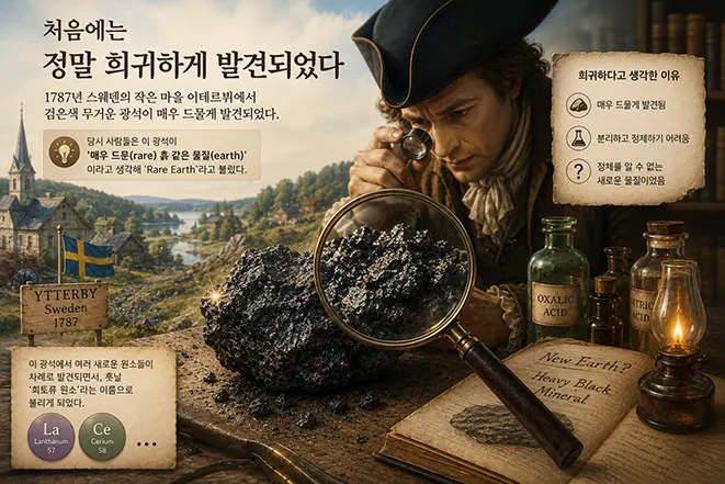 1787년 스웨덴 이테르뷔(Ytterby) 광산에서 희토류 광석이 처음 발견된 역사와 희토류 명칭의 탄생 배경을 표현한 교육용 이미지