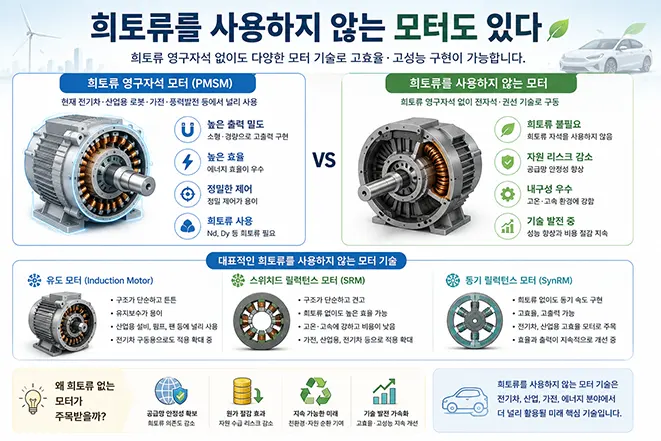 희토류 영구자석 모터와 희토류를 사용하지 않는 유도 모터, 스위치드 릴럭턴스 모터, 동기 릴럭턴스 모터의 특징을 비교한 인포그래픽