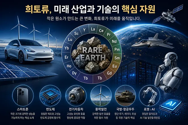 희토류(Rare Earth)가 전기자동차, 반도체, 인공지능(AI), 풍력발전, 로봇, 항공우주 등 미래 첨단 산업에서 활용되는 분야를 설명하는 인포그래픽 이미지