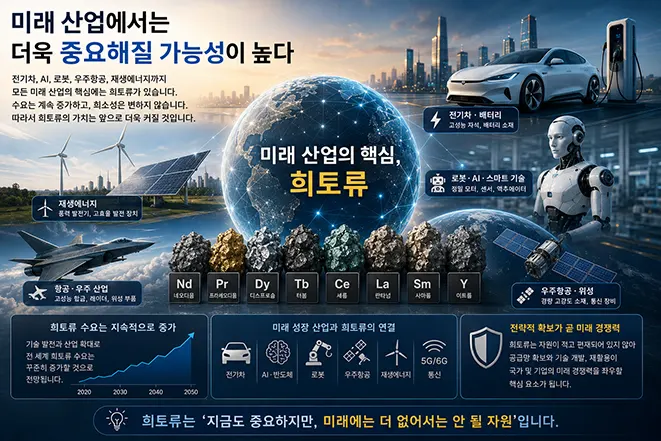 희토류가 전기자동차, AI, 로봇, 우주항공, 신재생에너지 등 미래 산업에서 더욱 중요해지는 이유를 설명하는 교육용 인포그래픽 이미지