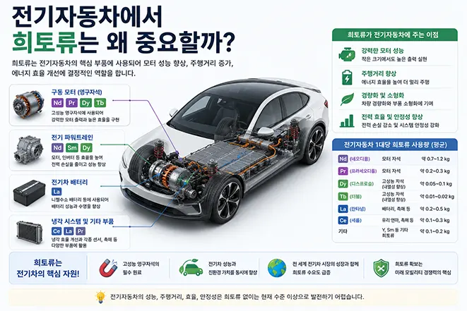 희토류가 전기자동차의 모터, 배터리, 냉각 시스템 등 핵심 부품에 사용되어 성능과 주행거리, 에너지 효율을 향상시키는 원리를 설명하는 교육용 인포그래픽 이미지