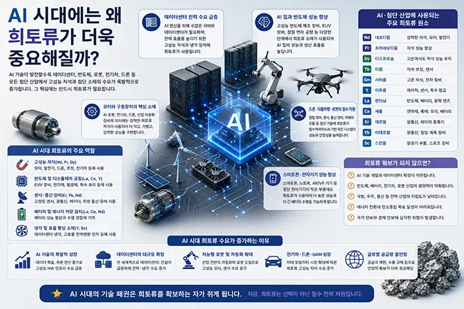 AI 시대에 희토류가 데이터센터, AI 서버, 반도체, 로봇, 전기차, 드론 등 첨단 산업의 핵심 소재로 사용되는 이유를 설명하는 교육용 인포그래픽 이미지