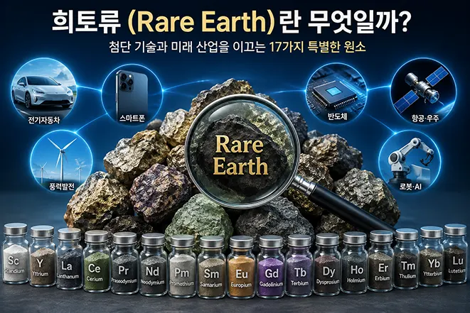 희토류(Rare Earth)의 개념과 전기자동차, 스마트폰, 반도체, 풍력발전, 항공우주, 로봇 등 다양한 첨단 산업에서의 활용 분야를 설명하는 인포그래픽 이미지