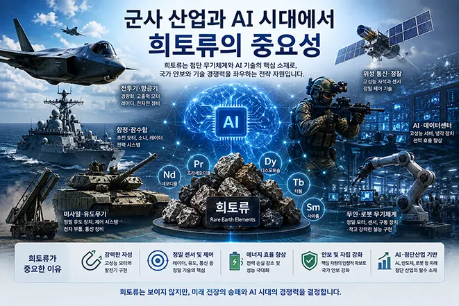 군사 산업과 AI 시대에서 희토류가 전투기, 군함, 전차, 위성, 데이터센터, 로봇 등 첨단 기술의 핵심 소재로 사용되는 이유를 설명하는 교육용 인포그래픽 이미지